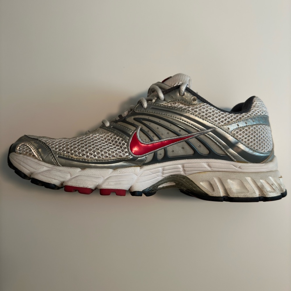 Silver and Red Athletic Shoe